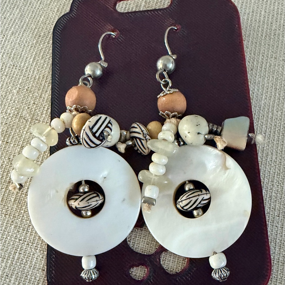 Handcrafted White Shell Hoop Drop Earrings with Natural Beads - Picture 3 of 3